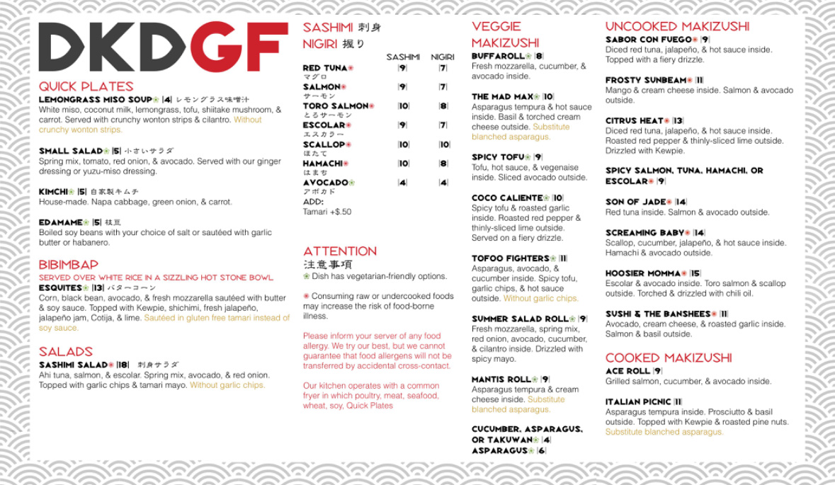 Gliten free menu!