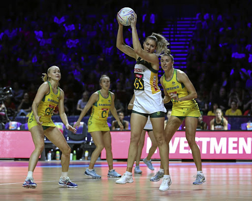 Lenize Potgieter of the Proteas in action against Australia in the semi- final of the Netball World Cup in Liverpool.