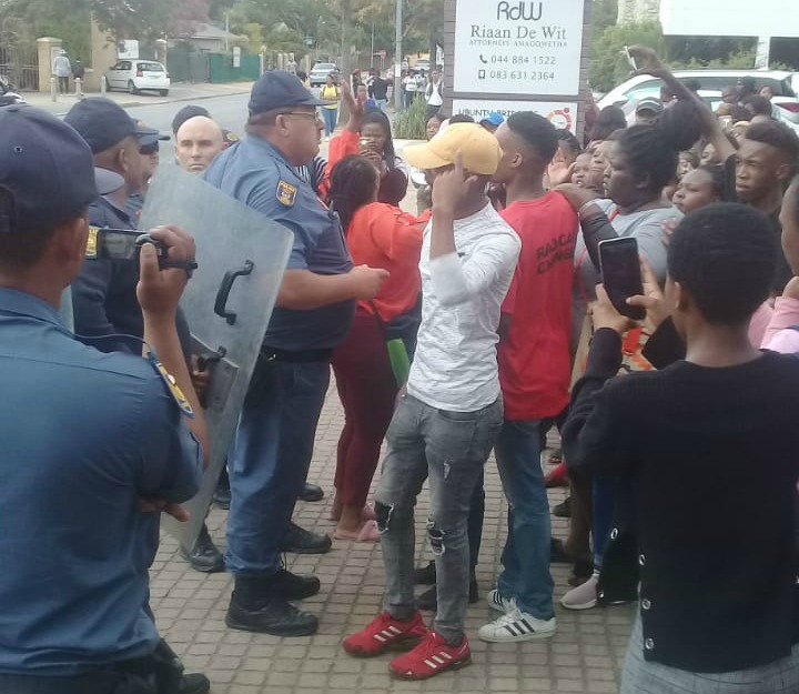 South Cape TVET College students engage with police during protests.