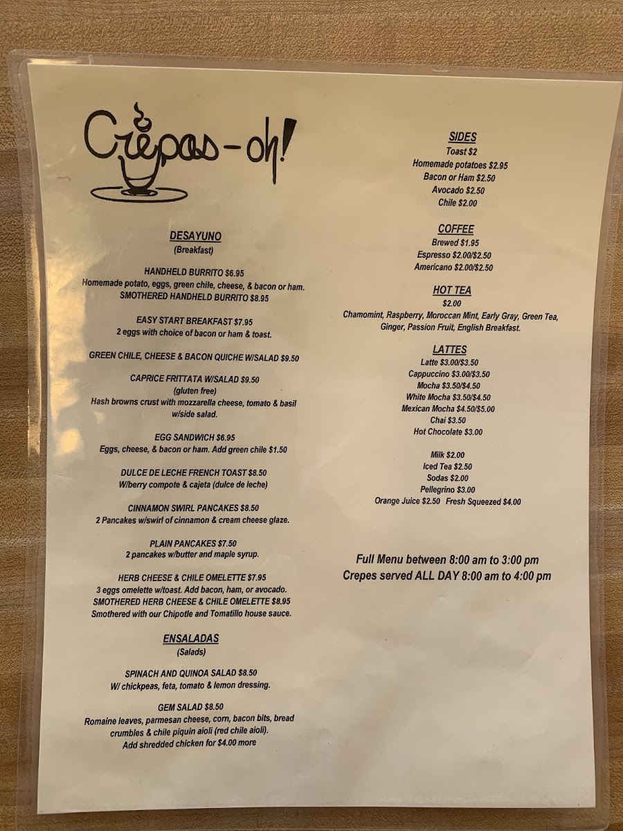 Crepas-oh! gluten-free menu