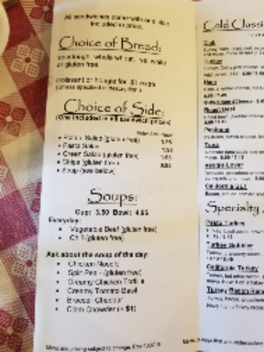 The Sumner Café gluten-free menu