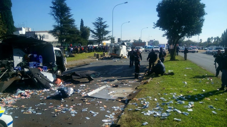 A file photo of the messy crime scene on Atlas road in Boksburg where cash vans were bombed.