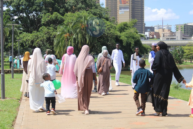 Muslims flock the streets during the Eid Mubarak celebrations at Uhuru Park, Nairobi on April 10, 2024.