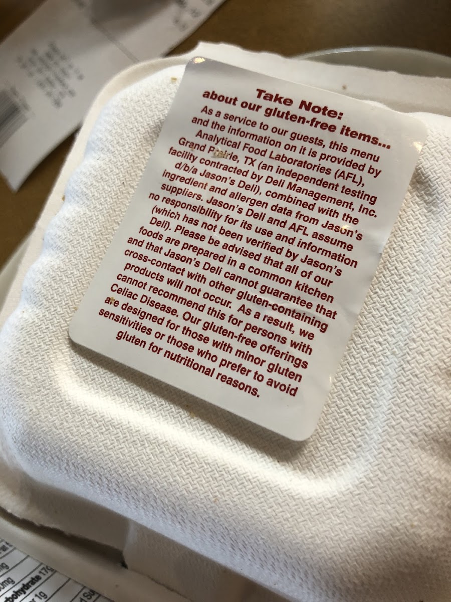 Notice for liability on our food containers. This means they took special precautions in the kitchen and followed allergen protocols.