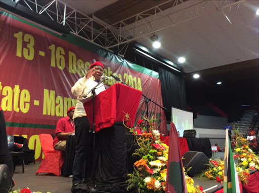 EFF president Julius Malema pleading with conference delegates to remain calm at UFS in Bloemfontein.