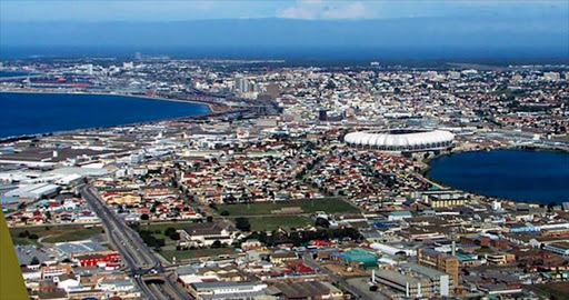 Aerial view of Port Elizabeth with Nelson Mandela Stadium in center.