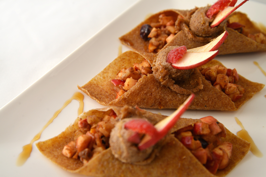 Flax Crepes with Fruit and Nut Filling topped with Maple Cream