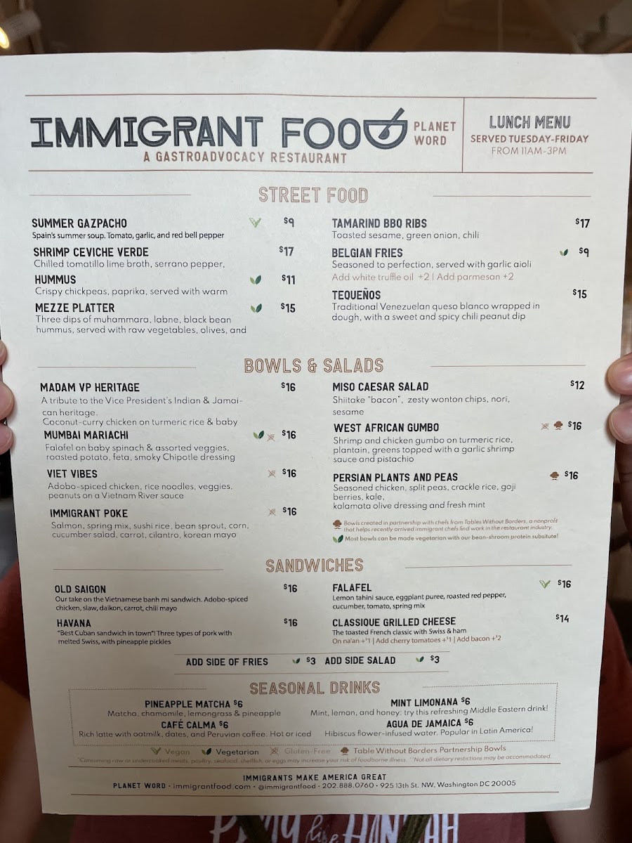 Immigrant Food+ at Planet Word Museum gluten-free menu