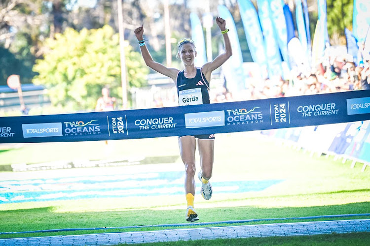 Gerda Steyn crosses the finishing line for fifth-successive Two Oceans Marathon.