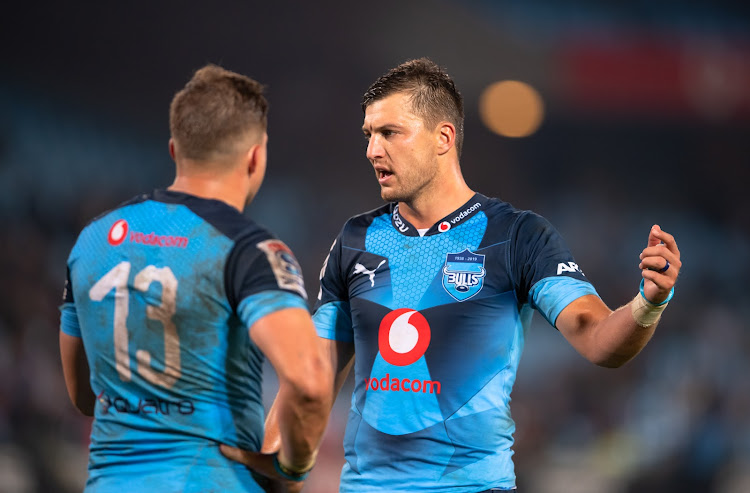 The Vodacom Bulls captain Handre Pollard (R) looks dejected during the deflating Super Rugby defeat against the Chiefs at Loftus on May 10 2019.