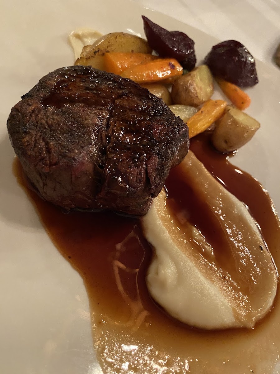 Beef tenderloin with parsnip, carrot, and potato