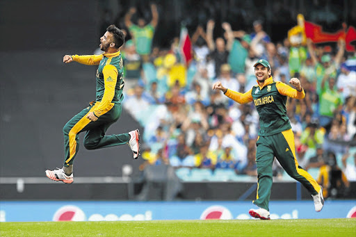MAN OF THE MOMENT: JP Duminy celebrates dismissing Tharindu Kaushal of Sri Lanka during the World Cup match at the Sydney Cricket Ground yesterday. Duminy made history by becoming the first South African player and the eighth overall to take a hat-trick at a World Cup