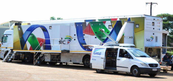 SABC broadcast vans outside Thohoyandou Stadium in Venda in October 2018.