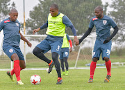 From left to right: Free State Stars defender Tamsanqa Teyise, captain Paulus Masehe and Rooi Mahamutsa during their Nedbank Cup training and media day at the club's Academy in Bethlehem on Tuesday April 18 2018. 