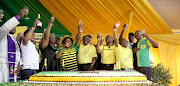 Former president Jacob Zuma and president Cyril Ramaphosa, along with other ANC party members at the January 8 Celebration in JL Dube stadium in Inanda on January 8 2019