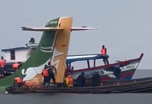 Video footage and images that circulated on social media showed the plane almost fully submerged, with only its green and brown-coloured tail visible above the water line of Lake Victoria, Africa's largest lake.