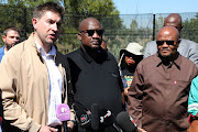 Tshwane mayor Cilliers Brink, MEC Mzi Khumalo, minister Senzo Mchunu
at the water treatment works in Hammanskraal. 