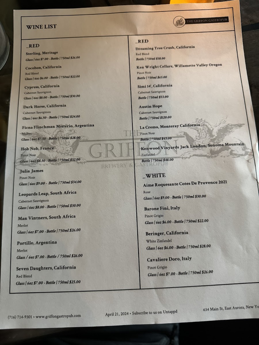 Griffon Gastropub gluten-free menu