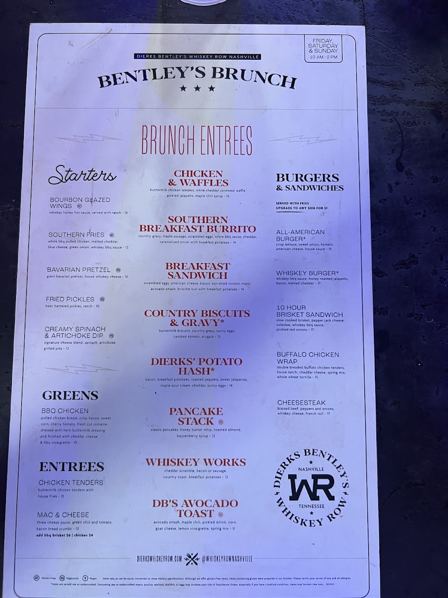 Dierks Bentley's Whiskey Row gluten-free menu