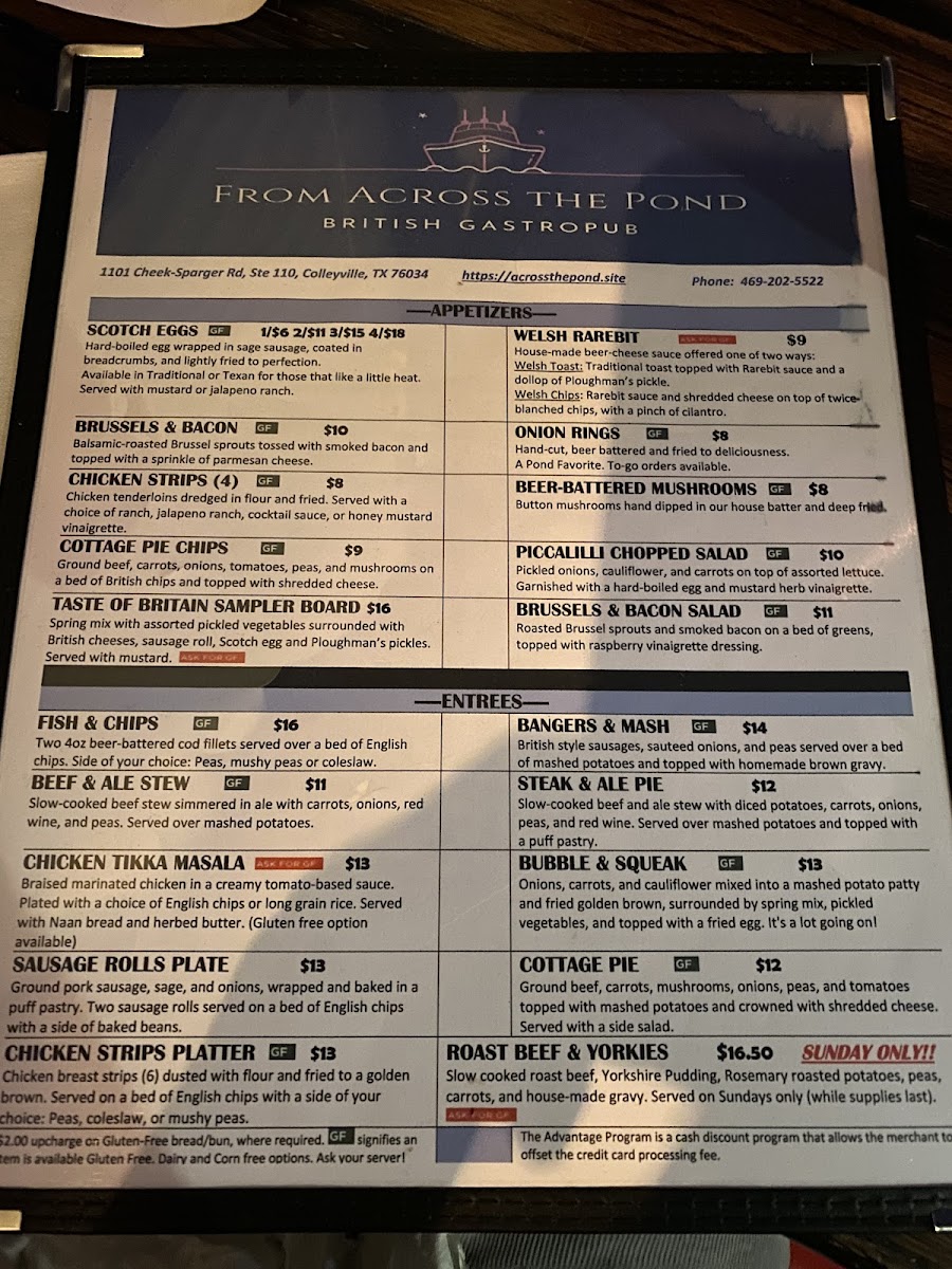 From Across the Pond gluten-free menu