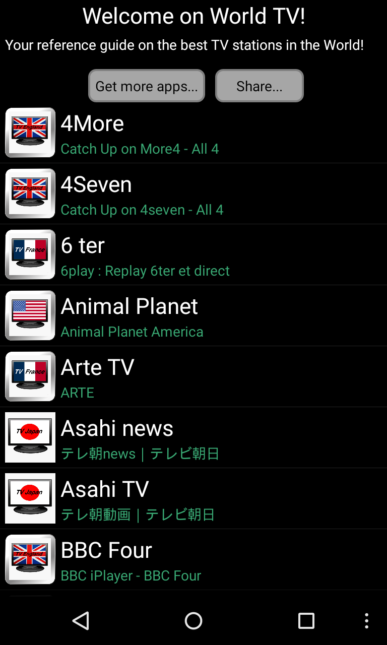 Android application World TV screenshort