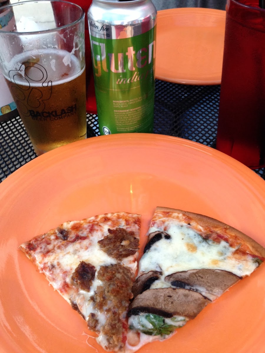GF Sausage and GF Spinach and Mushroom pizza and GF beer...what...a...treat!!!!!