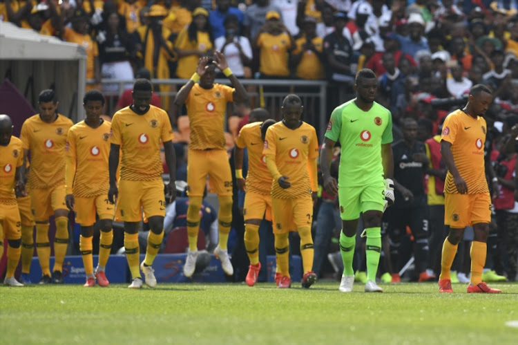Soweto derby debutant and Kaizer Chiefs goalkeeper Daniel Akpeyi leads out his teammates ahead of the Absa Premiership showdown against bitter rivals Orlando Pirates at FNB Stadium on February 09, 2019.