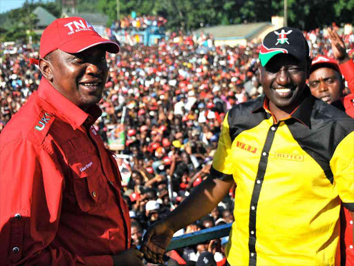 Jubilee presidential aspirant Uhuru Kenyatta and his Running mate William Ruto during a campaign rally in Meru yesterday Photo Kirimi Muriithi