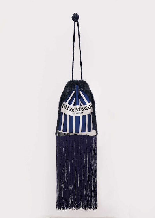 Fringed drawcord bag.