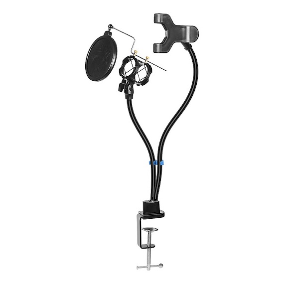 Microphone Stand 2-in-1 Mic and Smartphone Clip Holder Desktop Microphone Flexible Hose Support for Live Streaming