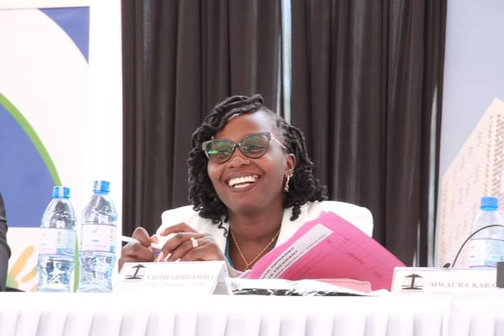 The newly elected Law Society of Kenya (LSK) Faith Odhiambo during swearing at the society's Annual General Meeting (AGM) held at Rift valley Sports Club in Nakuru on March 22, 2024.