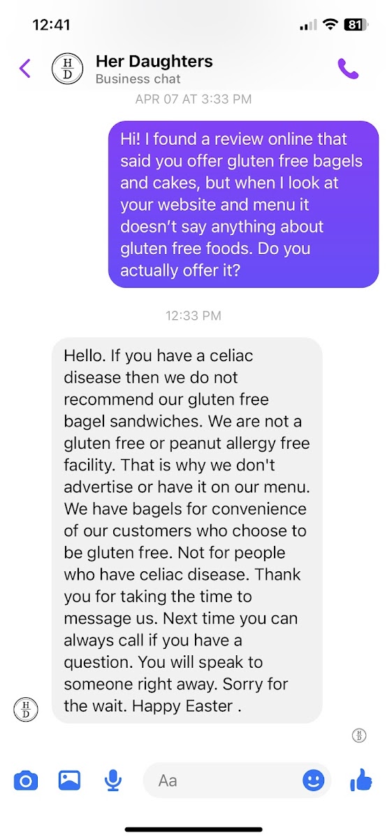 Her Daughters gluten-free menu