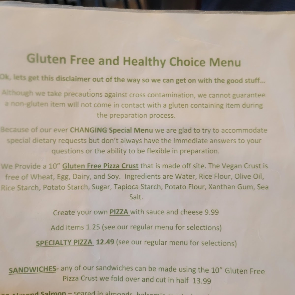 Pesto's gluten-free menu