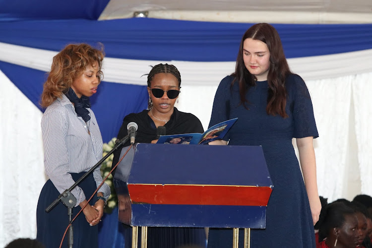 Suzanne Jepkemboi (centre), daughter of late June Moi eulogising her mother on April 18, 2024.