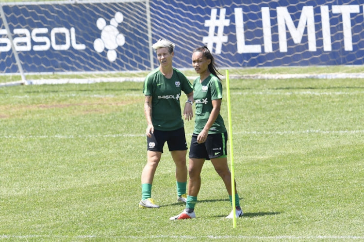 Janine Van Wyk and Leandra Smeda during the South African national womens soccer team media open day at UJ Auckland Park Campus on February 22, 2019 in Johannesburg, South Africa.