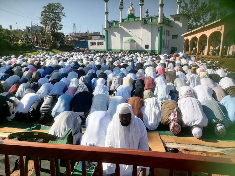Muslims in Garissa pray at Rtd General Mohamud Eid grounds.