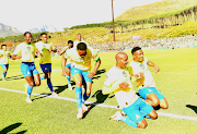 Khuliso Mudau celebrates scoring for Mamelodi Sundowns with teammates in their Nedbank Cup semifinal win against Stellenbosch FC at Danie Craven Stadium in Stellenbosch on Sunday. 