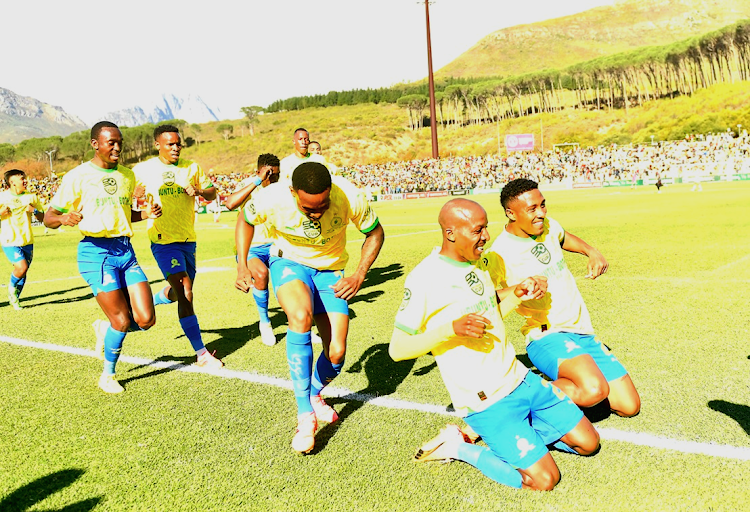 Khuliso Mudau celebrates scoring for Mamelodi Sundowns with teammates in their Nedbank Cup semifinal win against Stellenbosch FC at Danie Craven Stadium in Stellenbosch on Sunday.