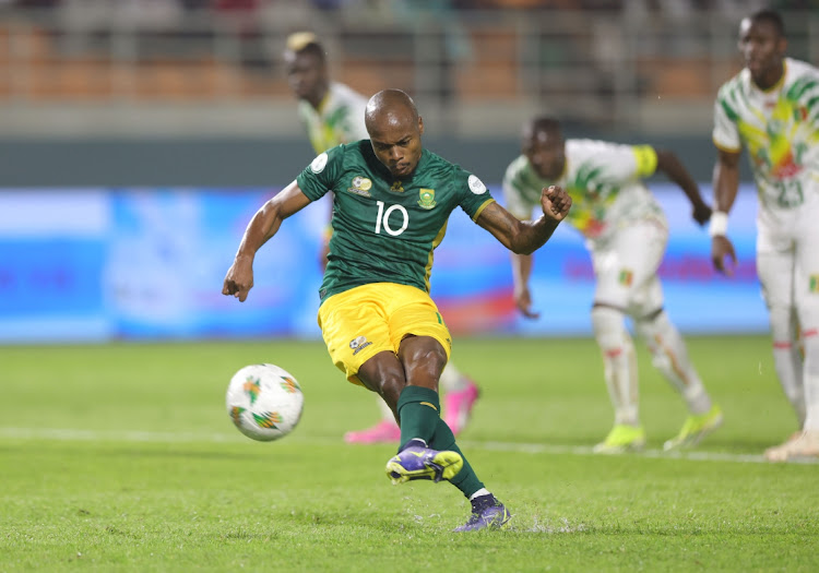 Bafana Bafana star player Percy Tau takes a penalty during the 2023 Africa Cup of Nations match against Mali at Amadou Gon Coulibaly Stadium in Korhogo on January 16 2024.