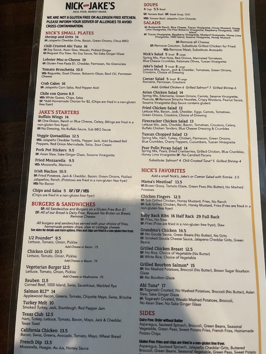 Gluten free menu