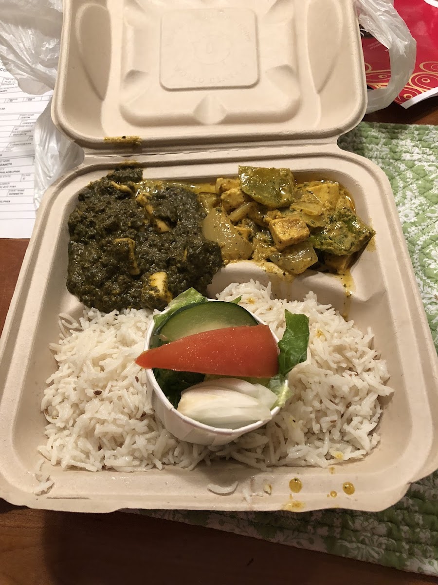 Platter with saag paneer and another paneer
