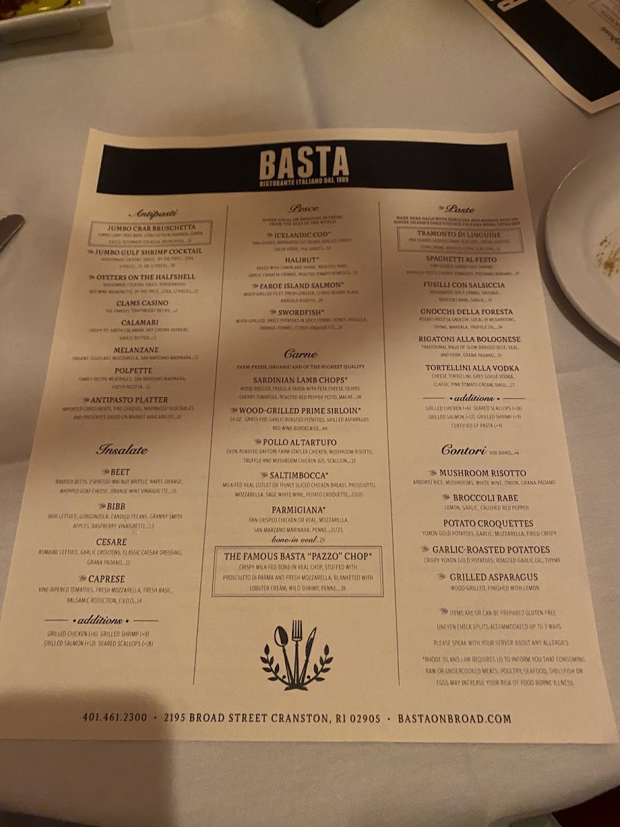 Basta Italian Restaurant gluten-free menu