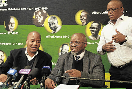 FACING THE MUSIC: ANC national spokesman Jackson Mthembu, secretary-general Gwede Mantashe and spokesman Keith Khoza address the media on the Julius Malema saga on Tuesday.