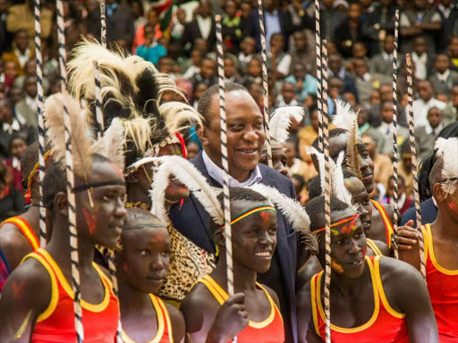 President Uhuru Kenyatta poses for a photo with some of the winners at the 2018 Kenya Music Festival gala concert, Friday August 17, 2018. /PSCU