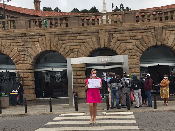 Restaurants Association of SA CEO Wendy Alberts pickets at the Union Buildings in Pretoria in a desperate attempt to have lockdown restrictions eased.