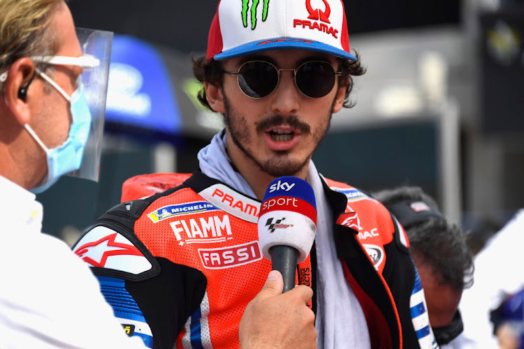 Francesco Bagnaia of Italy and Pramac Racing hit the tarmac at turn six with seven laps remaining in Sunday's Emilia Romagna Grand Prix.