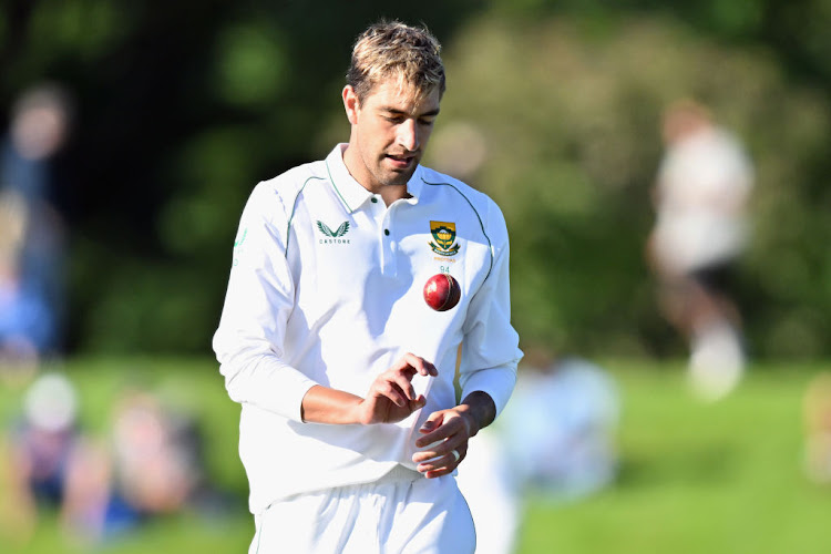 Duanne Olivier of South Africa looks on during day one of the First Test Match in the series between New Zealand and South Africa at Hagley Oval on February 17, 2022 in Christchurch, New Zealand. (Photo by Kai Schwoerer/Getty Images)