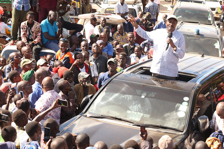 Wiper Leader Kalonzo Musyoka addressing Tseikuru residents in Kitui County on May 9, 2024.