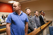 The accused in the KFC assault case,  from left, Stephen Nel, DJ van Rooyen, Marius Harding, Ockert Muller and Joshua Scholtz. 