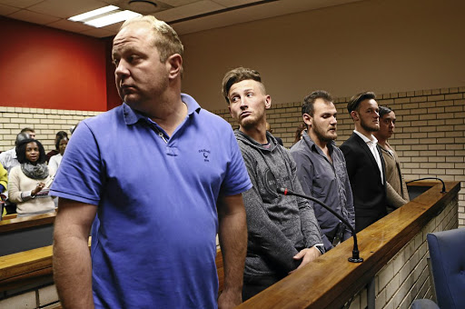 The accused in the KFC assault case, from left, Stephen Nel, DJ van Rooyen, Marius Harding, Ockert Muller and Joshua Scholtz.